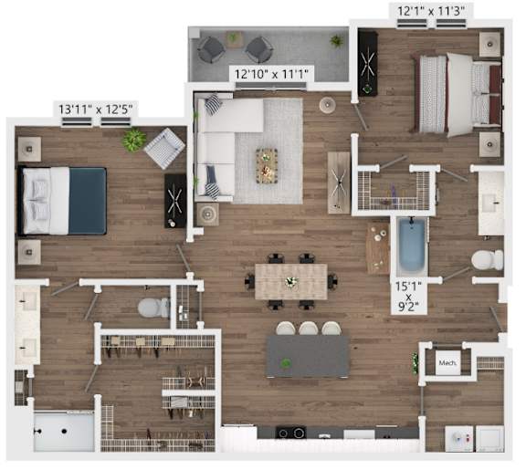 Floor Plan  A floor plan of a two-bedroom apartment with a living room, kitchen, and bathroom.