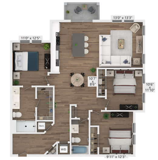 A detailed floor plan of a two-bedroom apartment with a living room, kitchen, and bathroom.