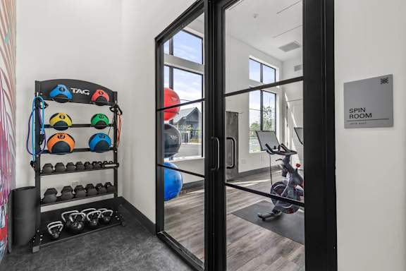 A room with a spinning bike and a wall-mounted rack with various balls and kettlebells.