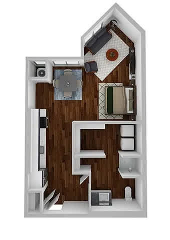 A 3D image of a house layout with a kitchen, living room, and bathroom.