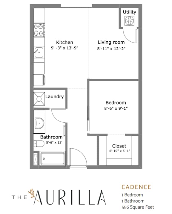 A floor plan of a one bedroom apartment with a laundry room and bathroom.
