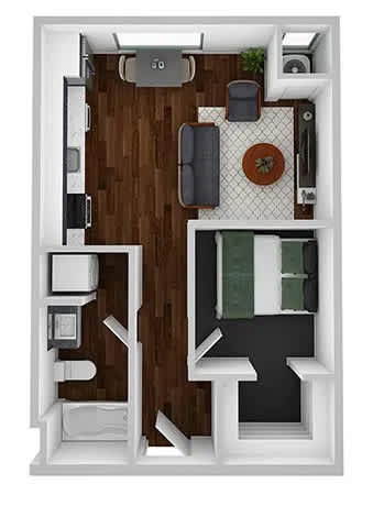 Floor Plan  A 3D floor plan of a small apartment with a kitchen, living room, and bathroom.