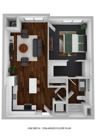 A one bedroom apartment with a kitchen and living room.