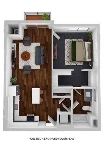 Floor Plan  A floor plan of a one bedroom apartment.