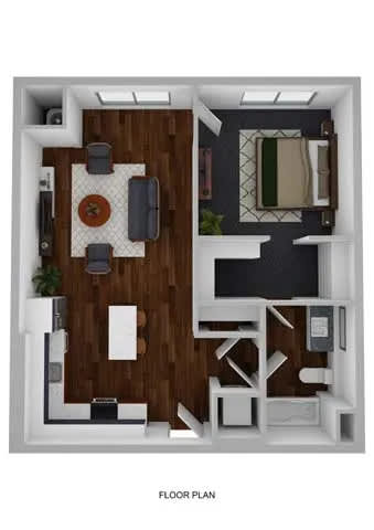 Floor Plan  A floor plan of a small apartment with a living room, kitchen, and bathroom.
