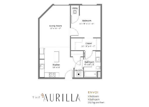 A drawing of a one bedroom apartment with a living room, kitchen, bathroom and closet.
