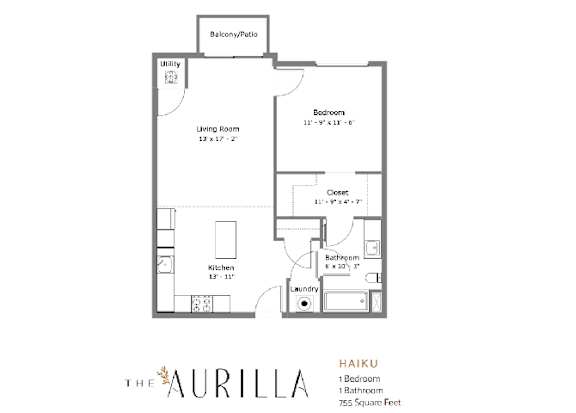 A floor plan for a home named Haiku, with a total area of 755 square feet.