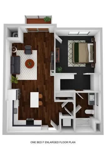 Floor Plan  A one bedroom enlarged floor plan with a kitchen area.