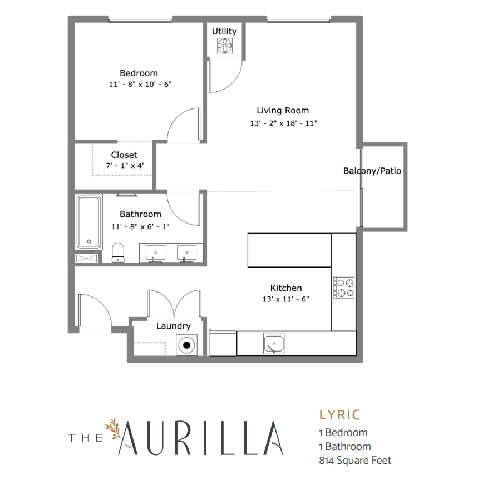 A floor plan of a one bedroom apartment with a living room, bathroom, kitchen, and laundry room.