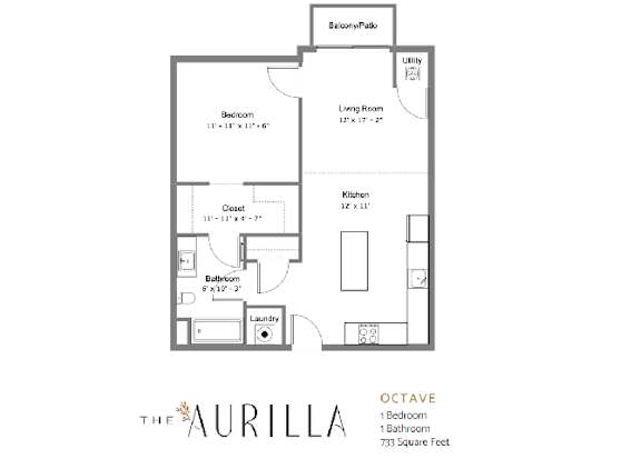 A floor plan of a one bedroom apartment with a living room, kitchen, bathroom and laundry.