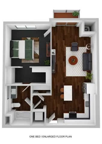A one bedroom enlarged floor plan with a kitchen area.