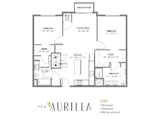 A floor plan of a house layout with a living room, two bedrooms, a bathroom, a kitchen, and a laundry room.