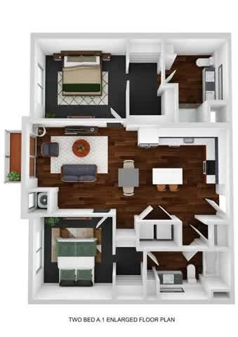 Floor Plan  A floor plan of a two bedroom, one enlarged floor plan.
