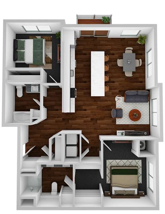 A 3D floor plan of a house with a living room, kitchen, and two bedrooms.