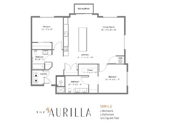 A floor plan of a home with a living room, two bedrooms, a bathroom, a laundry room, and a balcony.