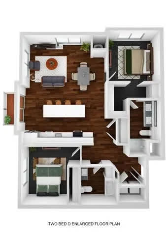 Floor Plan  A two bedroom d enlarged floor plan with a living room, kitchen and bathroom.