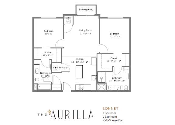 A floor plan of a home with a living room, two bedrooms, a bathroom, a kitchen, a laundry room, and a utility closet.