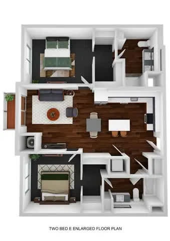 A two bedroom and enlarged floor plan shows a living room, kitchen, and bathroom.