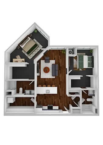A 3D rendered image of a house layout with a kitchen, living room, and two bedrooms.