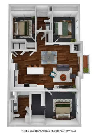Floor Plan  A 3D floor plan of a three bedroom apartment.