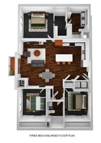A 3 bedroom enlarged floor plan with a living room, dining room, kitchen and bathrooms.