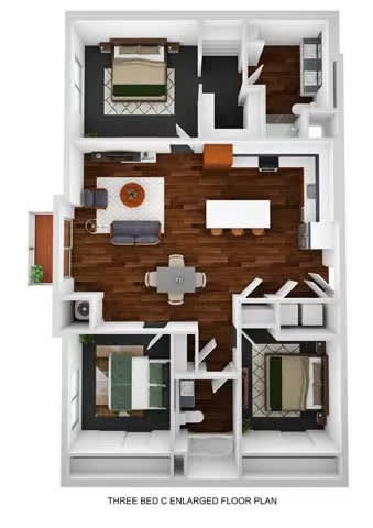 A three bedroom condo floor plan with a living room, dining room, kitchen, and two bathrooms.