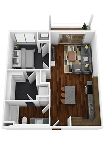 A floor plan of a small apartment with a kitchen, living room, and bedroom.