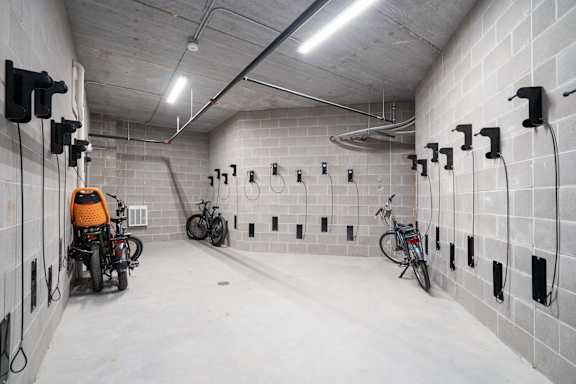 A motorcycle is parked in a parking garage.