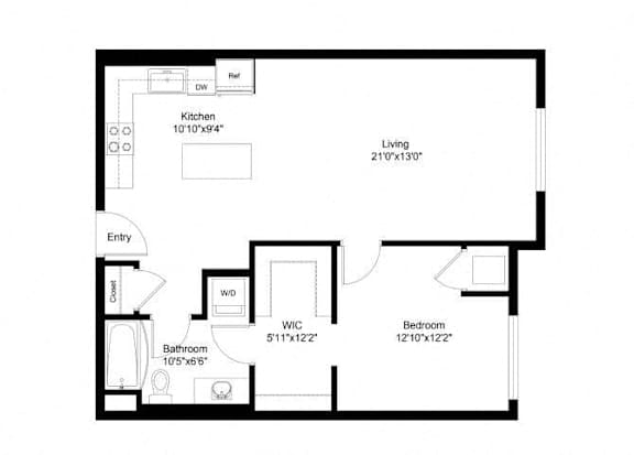 A floor plan of a house with a kitchen, living room, bedroom, bathroom, and a workspace.