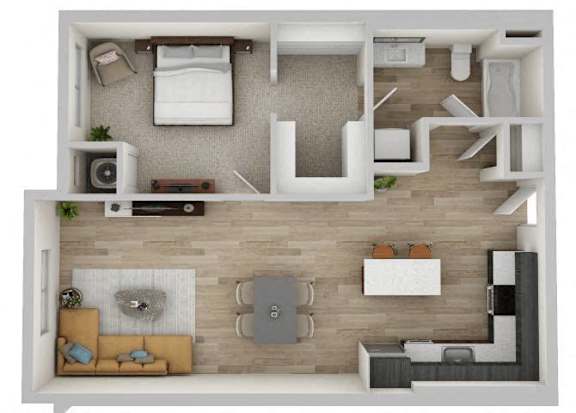 A top-down view of a modern living room with a sofa, coffee table, and a television.