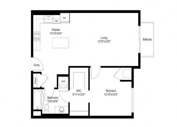A floor plan of a house with a kitchen, living room, balcony, and bathroom.