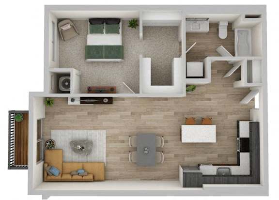 A top-down view of a living room with a couch, coffee table, and television.