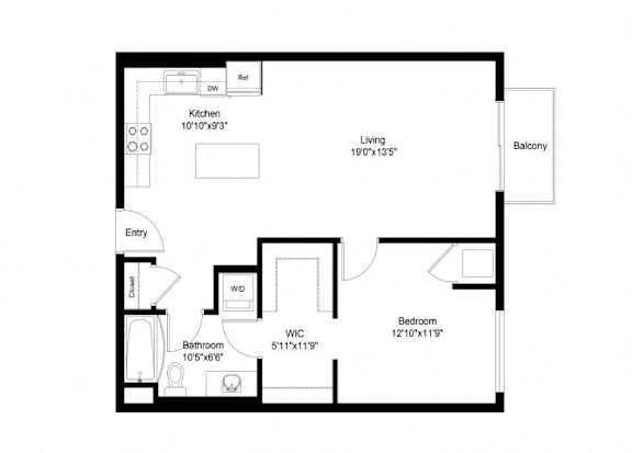 A floor plan of a home with a kitchen, living room, balcony, and bathroom.
