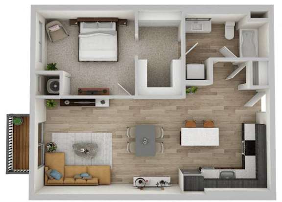 A top-down view of a modern apartment layout with a living room, kitchen, and bedroom.