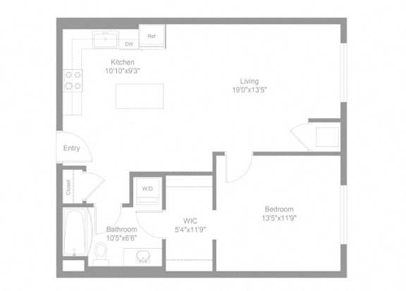 A floor plan of a small apartment with a kitchen, bathroom, living room, and bedroom.