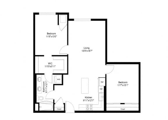 A black and white image of a house floor plan with two bedrooms, a living room, a bathroom, a kitchen, and a dining room.
