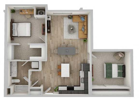 A 3D floor plan of a small apartment with a kitchen, living room, and bedroom.