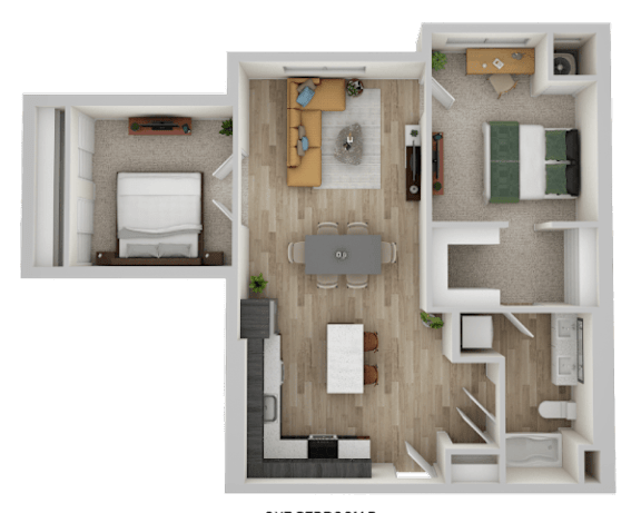 A 3D floor plan of a small apartment with a kitchen, living room, and bathroom.