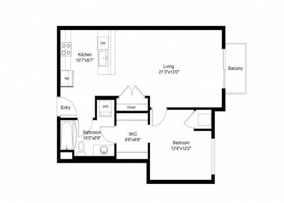 A floor plan of a home with a living room, bedroom, bathroom, and kitchen.