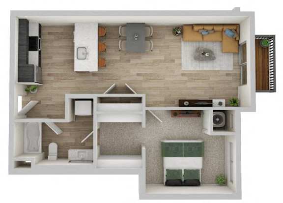 A top-down view of a small apartment with a kitchen, living room, and bathroom.