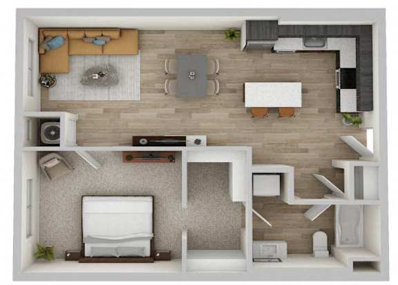 A top-down view of a small apartment with a bedroom, living room, and kitchen area.