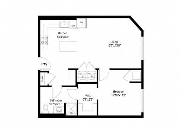 A floor plan of a house with a kitchen, living room, entry, bathroom, and bedroom.