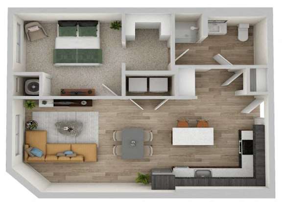 A top-down view of a modern apartment layout with a living room, kitchen, and bedroom.
