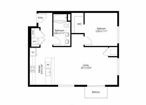 A black and white image of a floor plan for a small apartment.