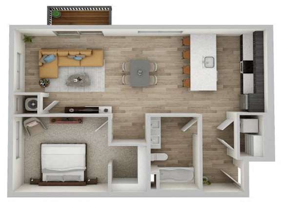 A top-down view of a small apartment with a bedroom, living room, and kitchen.