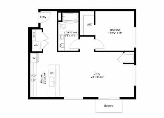 A floor plan of a house with a living room, bedroom, bathroom, and kitchen.