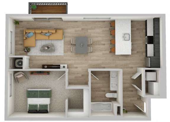 A top-down view of a room with a couch, a bed, a desk, and a TV.