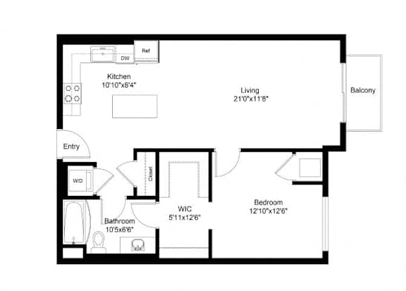 A floor plan of a home with a kitchen, living room, balcony, bathroom, and bedroom.