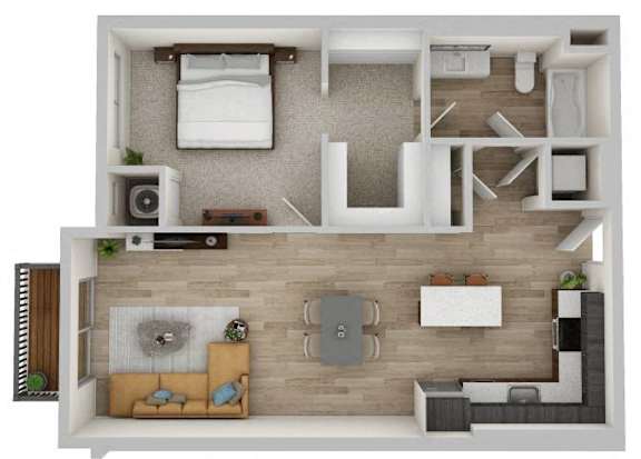 A top-down view of a living room with a couch, a coffee table, and a television.