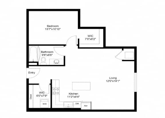 A floor plan of a house with a bedroom, bathroom, kitchen, and living room.